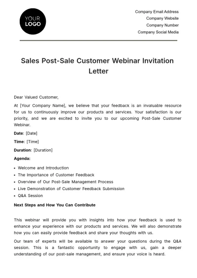 Free Sales Post-Sale Customer Webinar Invitation Letter Template to Edit Online