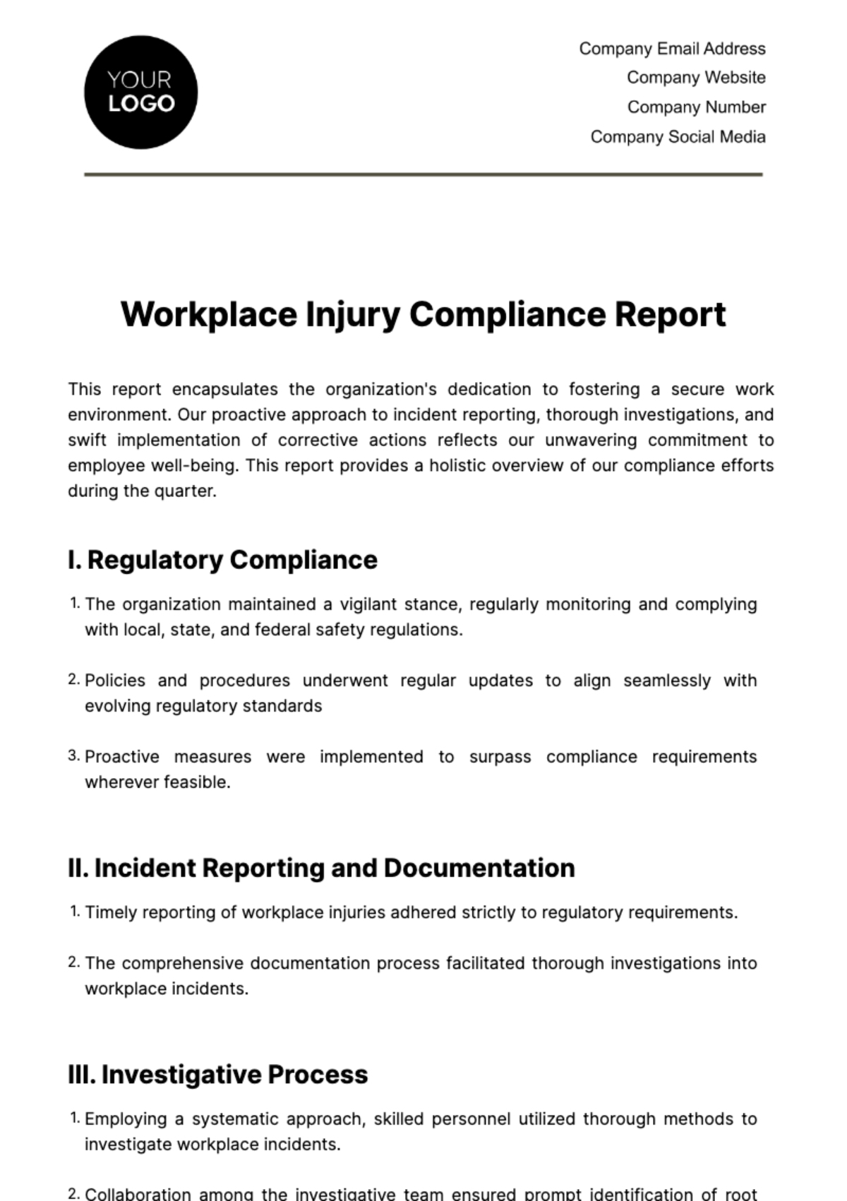 Workplace Injury Compliance Report Template