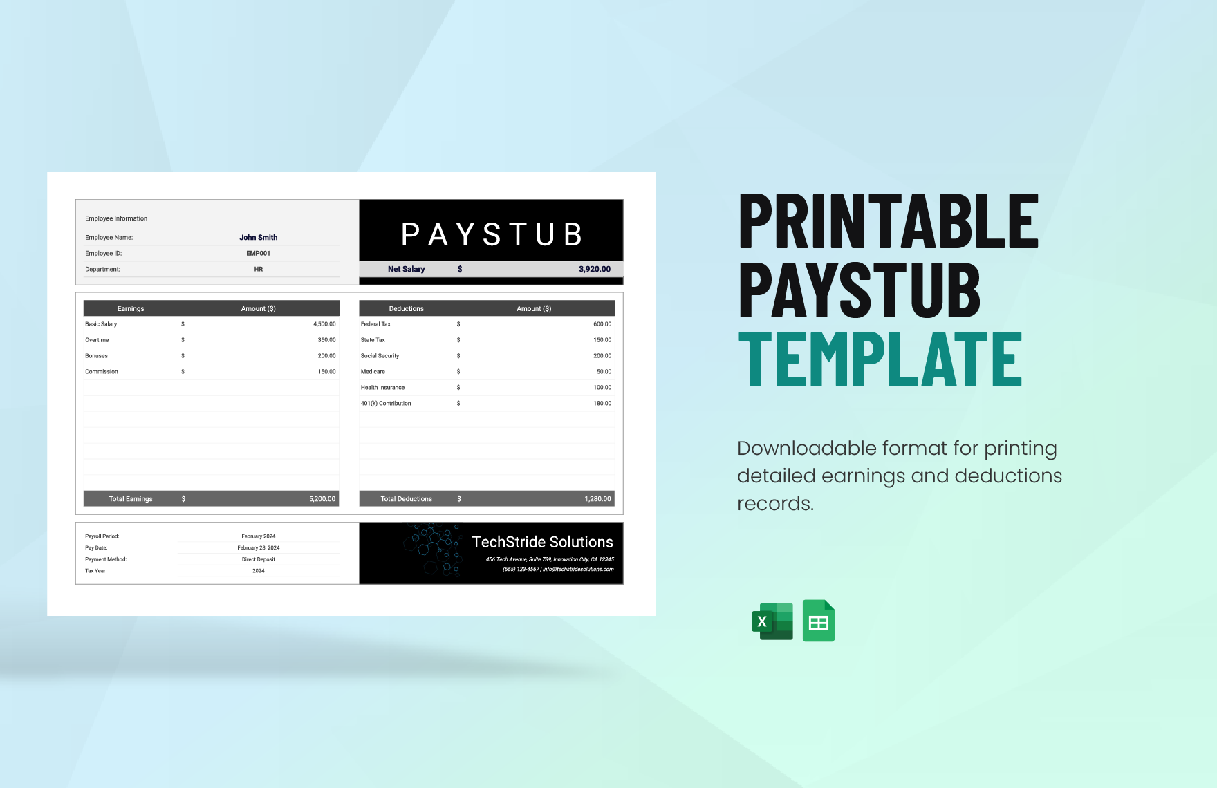 Printable Paystub Template in Excel, Google Sheets