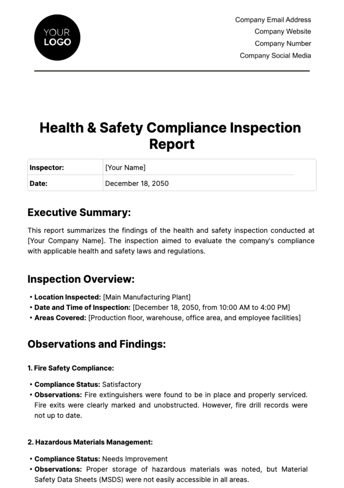 Free Health & Safety Compliance Inspection Report Template