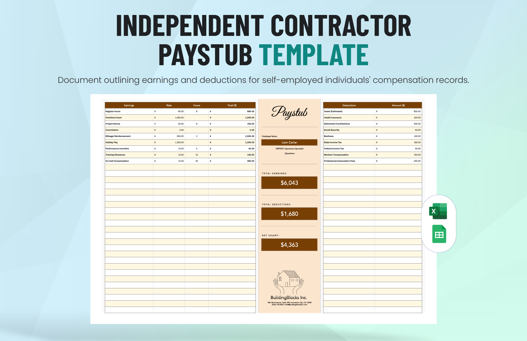 Independent Contractor Paystub Template in Excel, Google Sheets