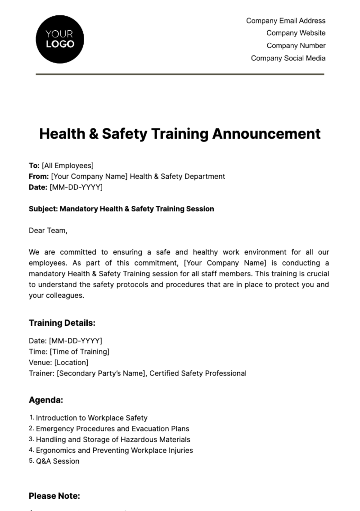 Health & Safety Training Announcement Template