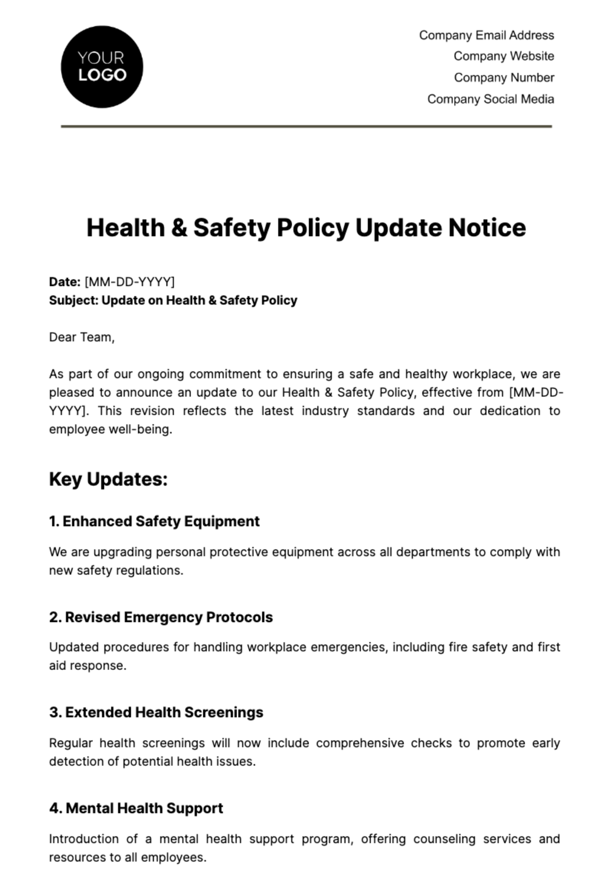 Health & Safety Policy Update Notice Template