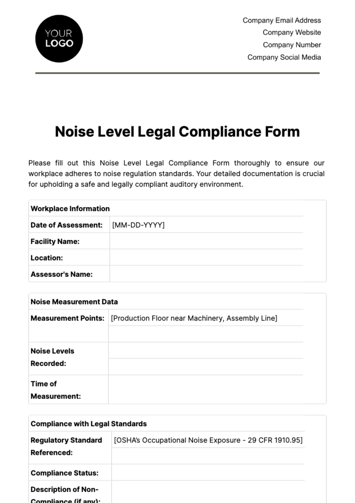 Noise Level Legal Compliance Form Template - Edit Online & Download