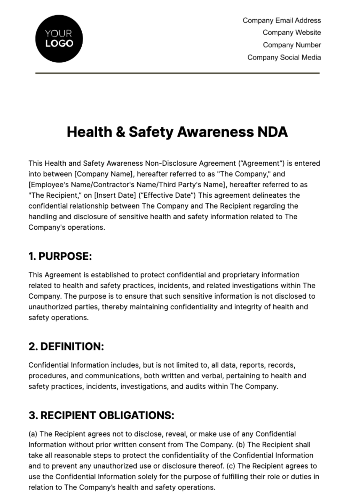 Health & Safety Awareness NDA Template