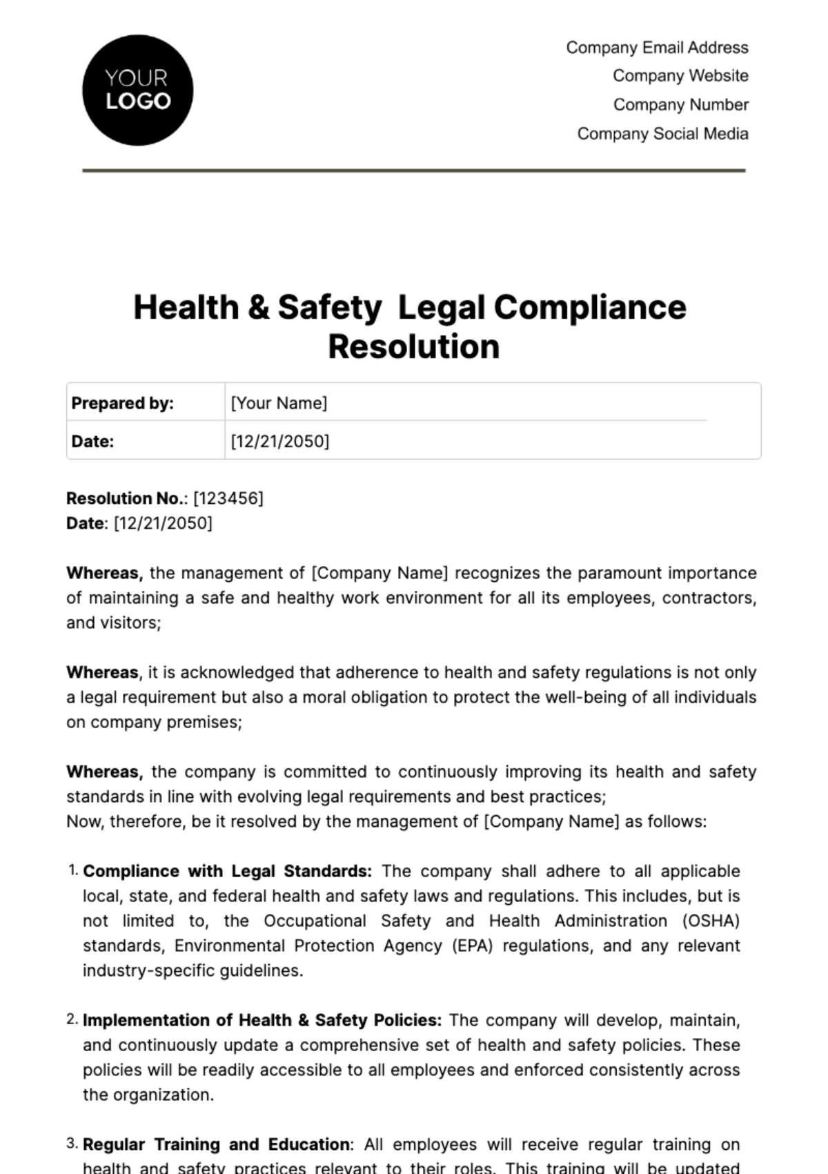Free Health & Safety  Legal Compliance Resolution Template