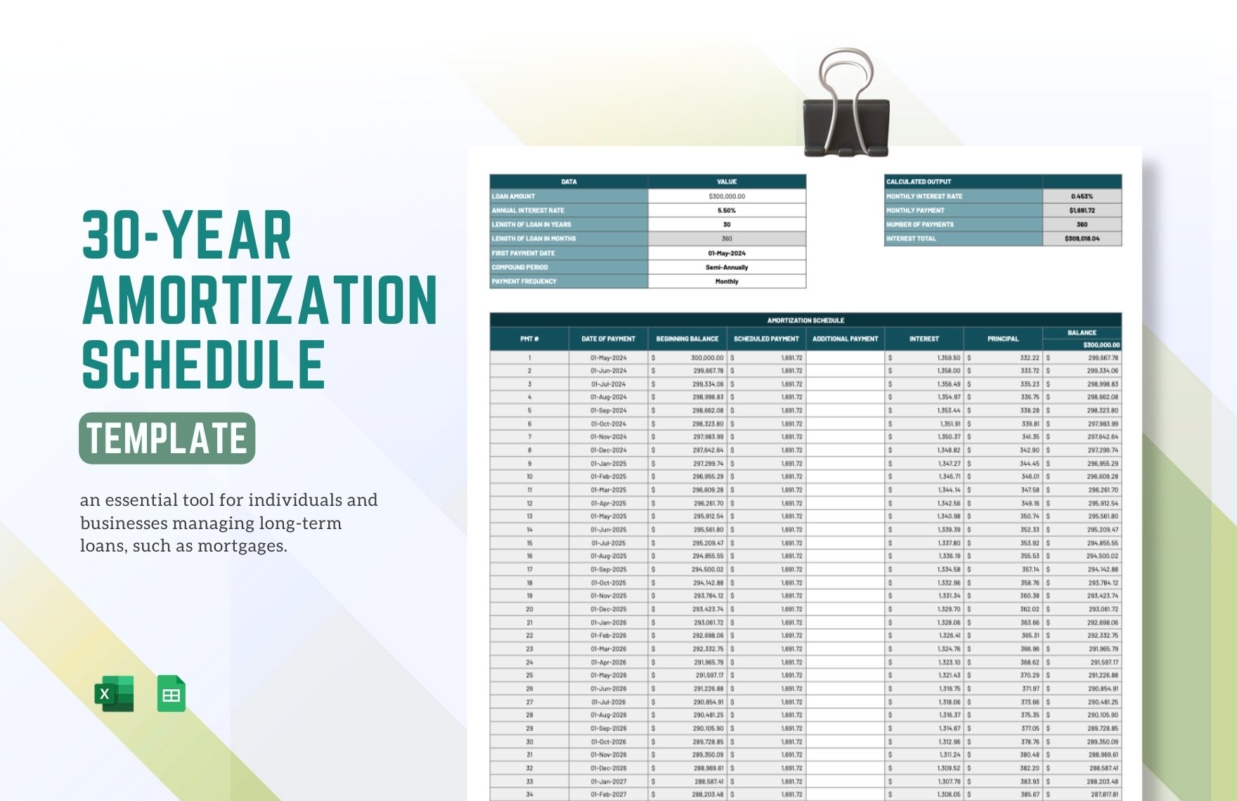 30-Year Amortization Schedule Template in Excel, Google Sheets