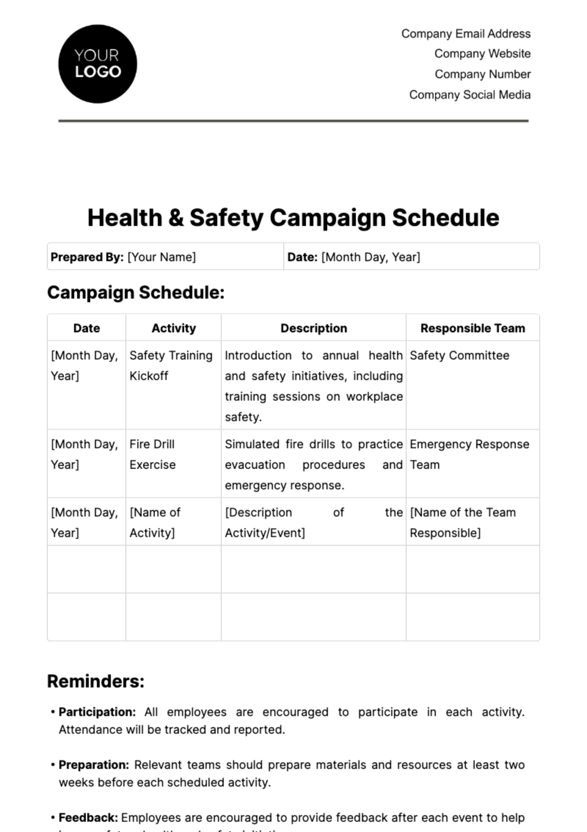 Health & Safety Campaign Schedule Template
