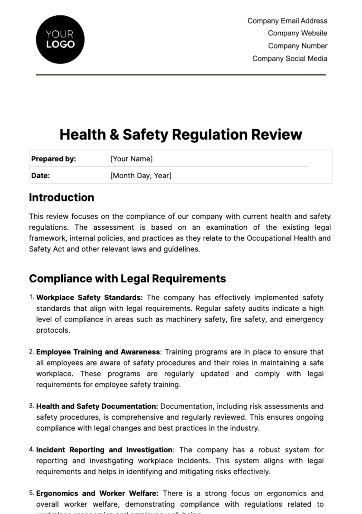 Free Health & Safety Regulation Review Template