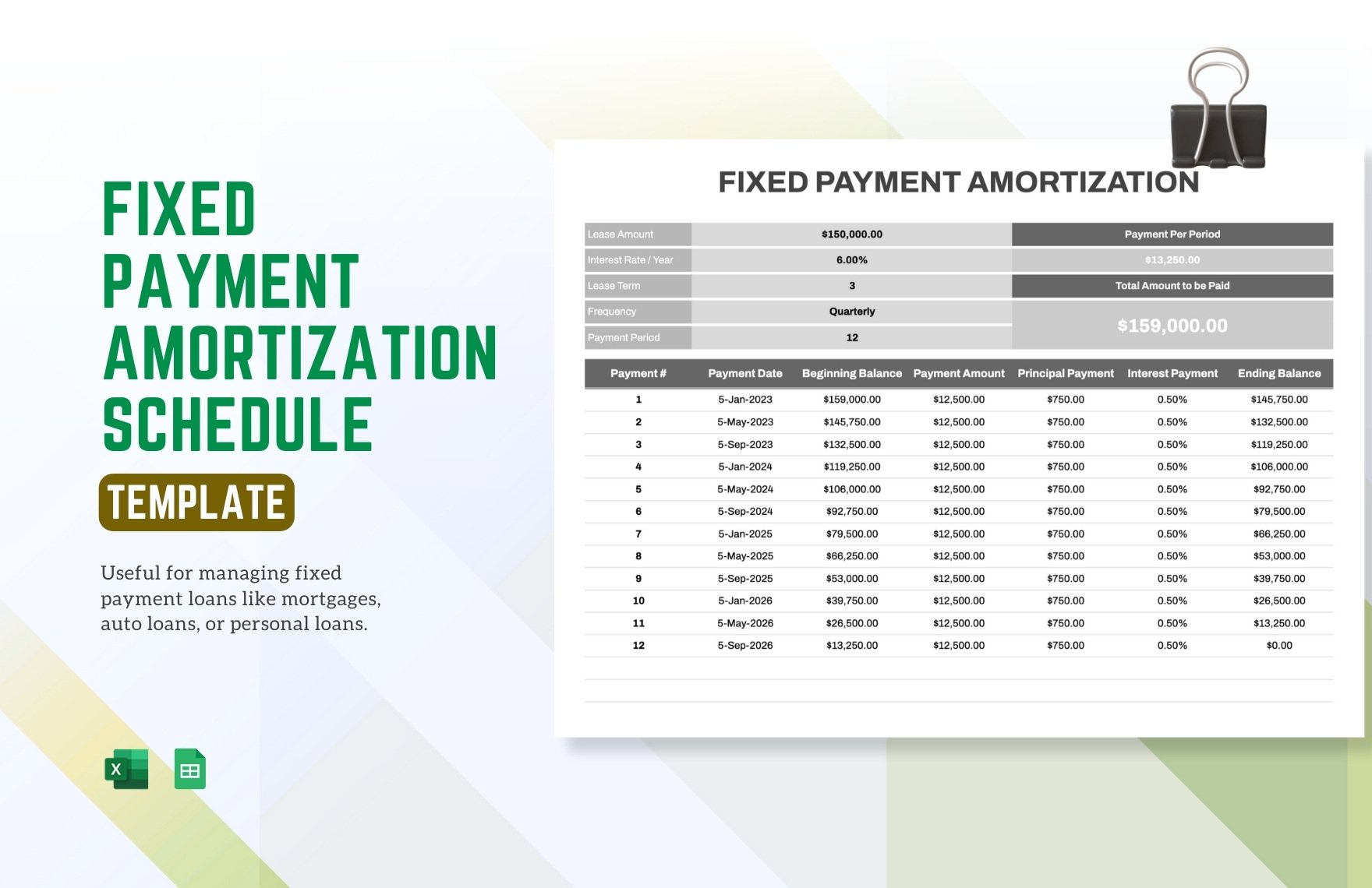 Fixed Payment Amortization Schedule Template in Excel, Google Sheets
