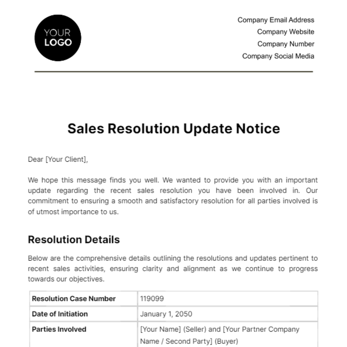 Sales Resolution Update Notice Template