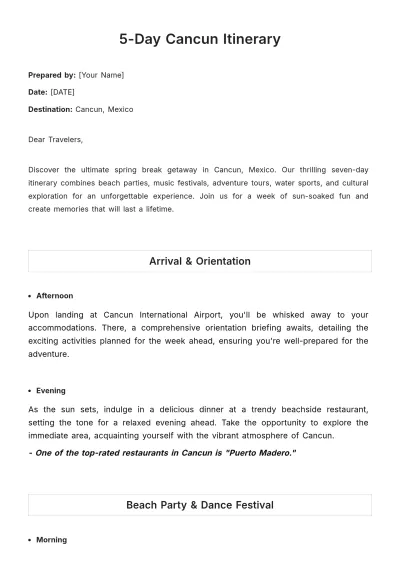Free 5 Day Cancun Itinerary Template to Edit Online