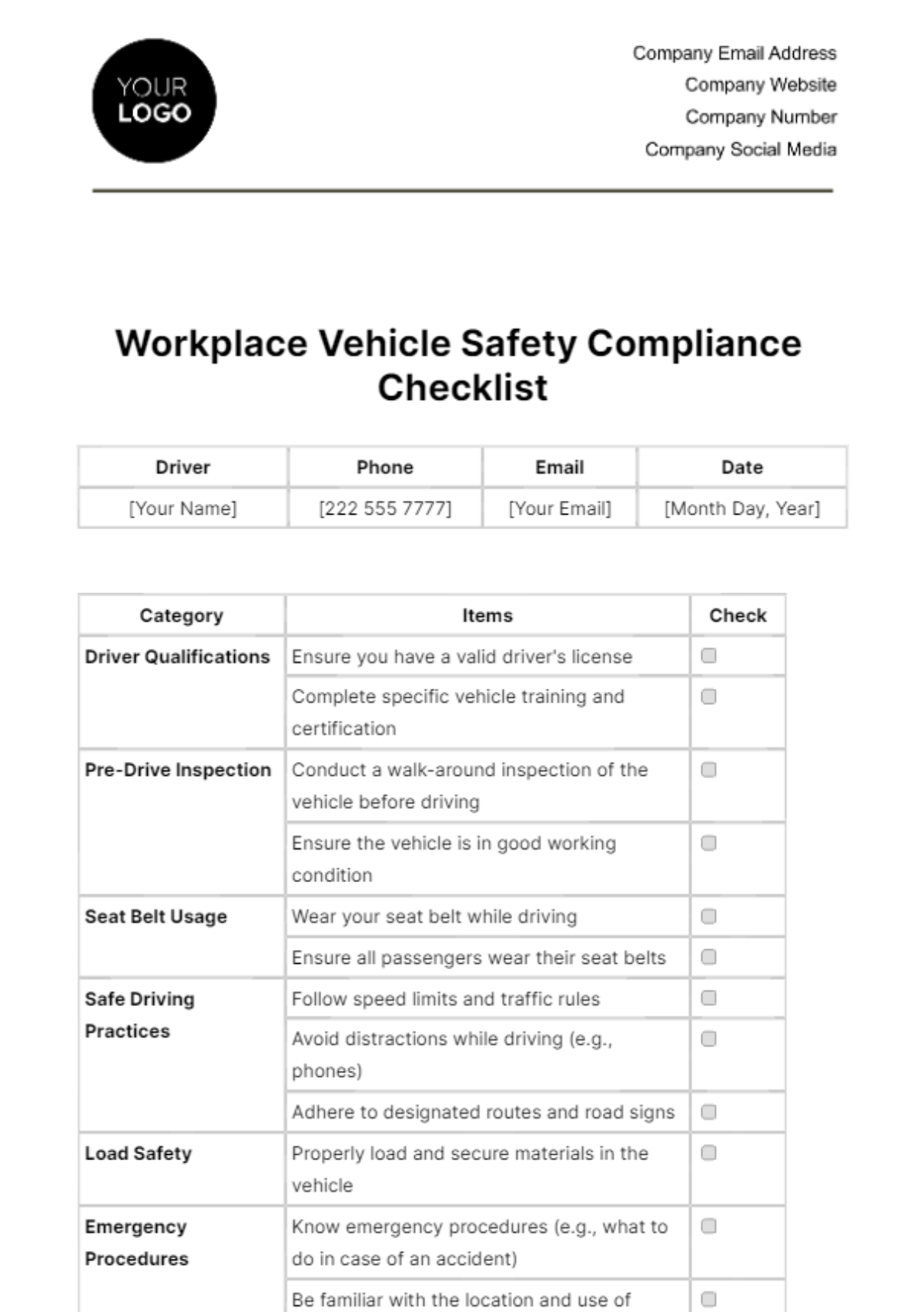 Workplace Vehicle Safety Compliance Checklist Template