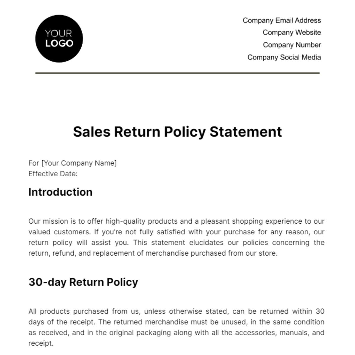 Sales Return Policy Statement Template