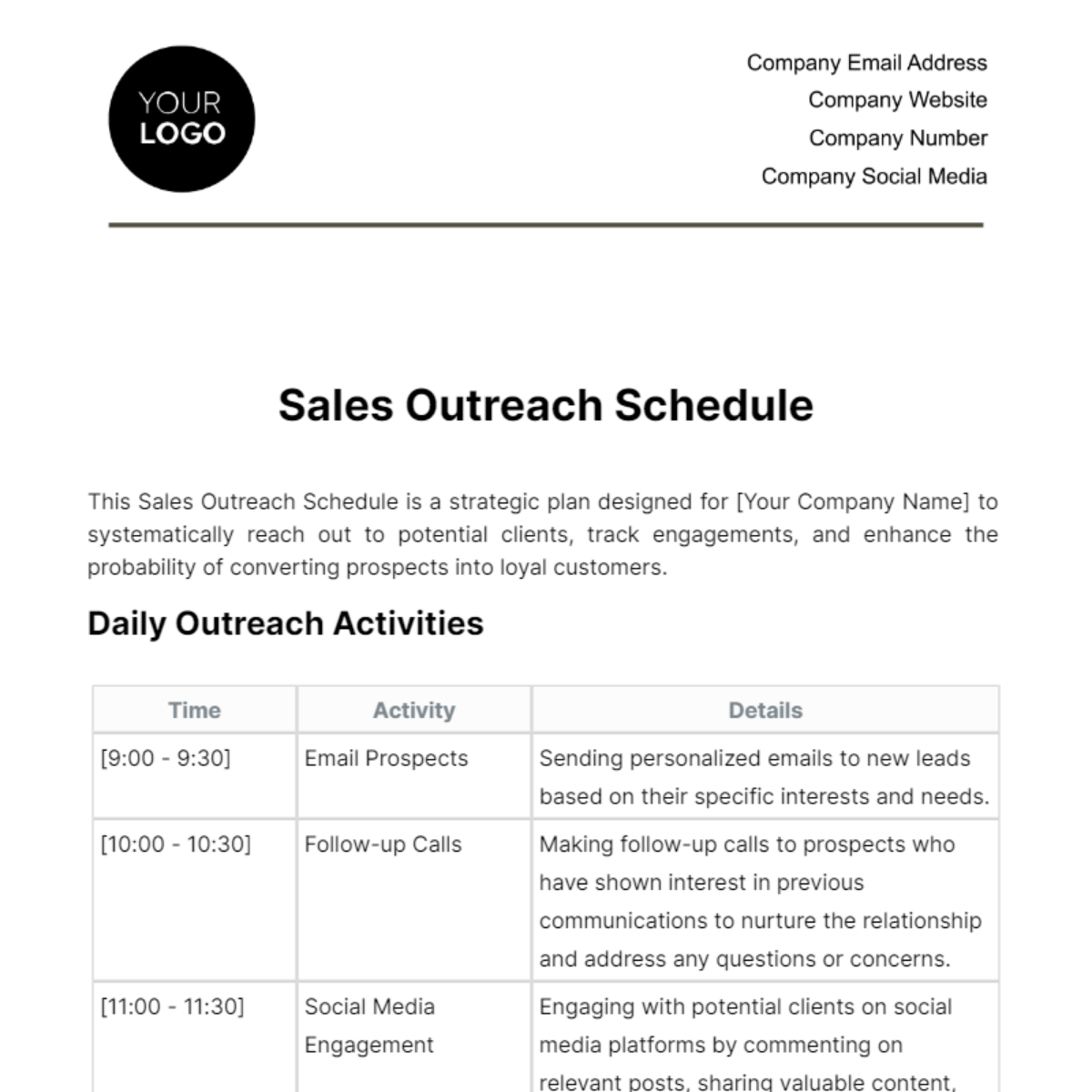 Sales Outreach Schedule Template