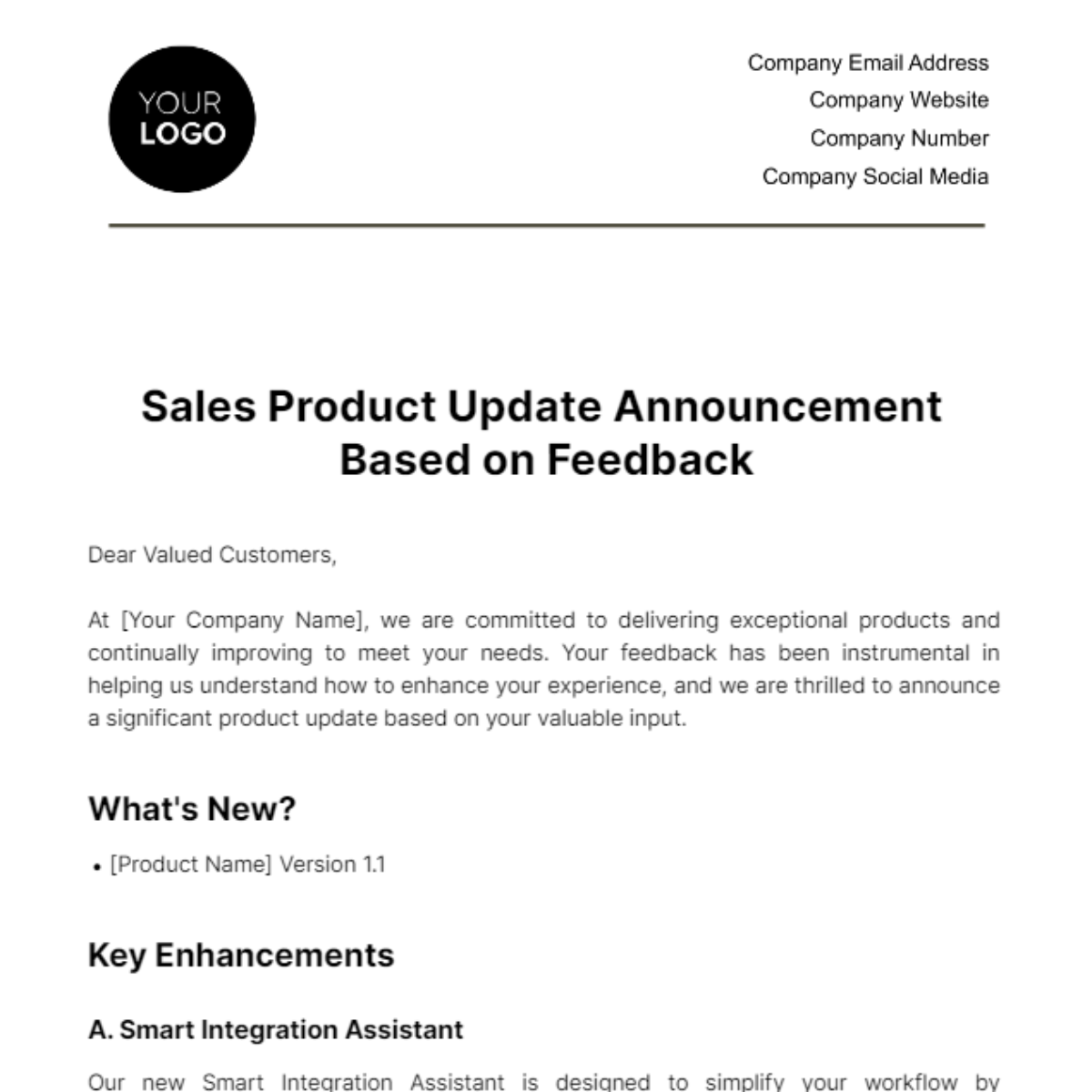 Free Sales Product Update Announcement Based on Feedback Template