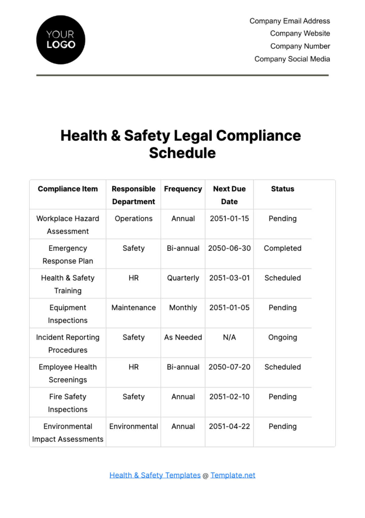 Free Health & Safety Legal Compliance Schedule Template