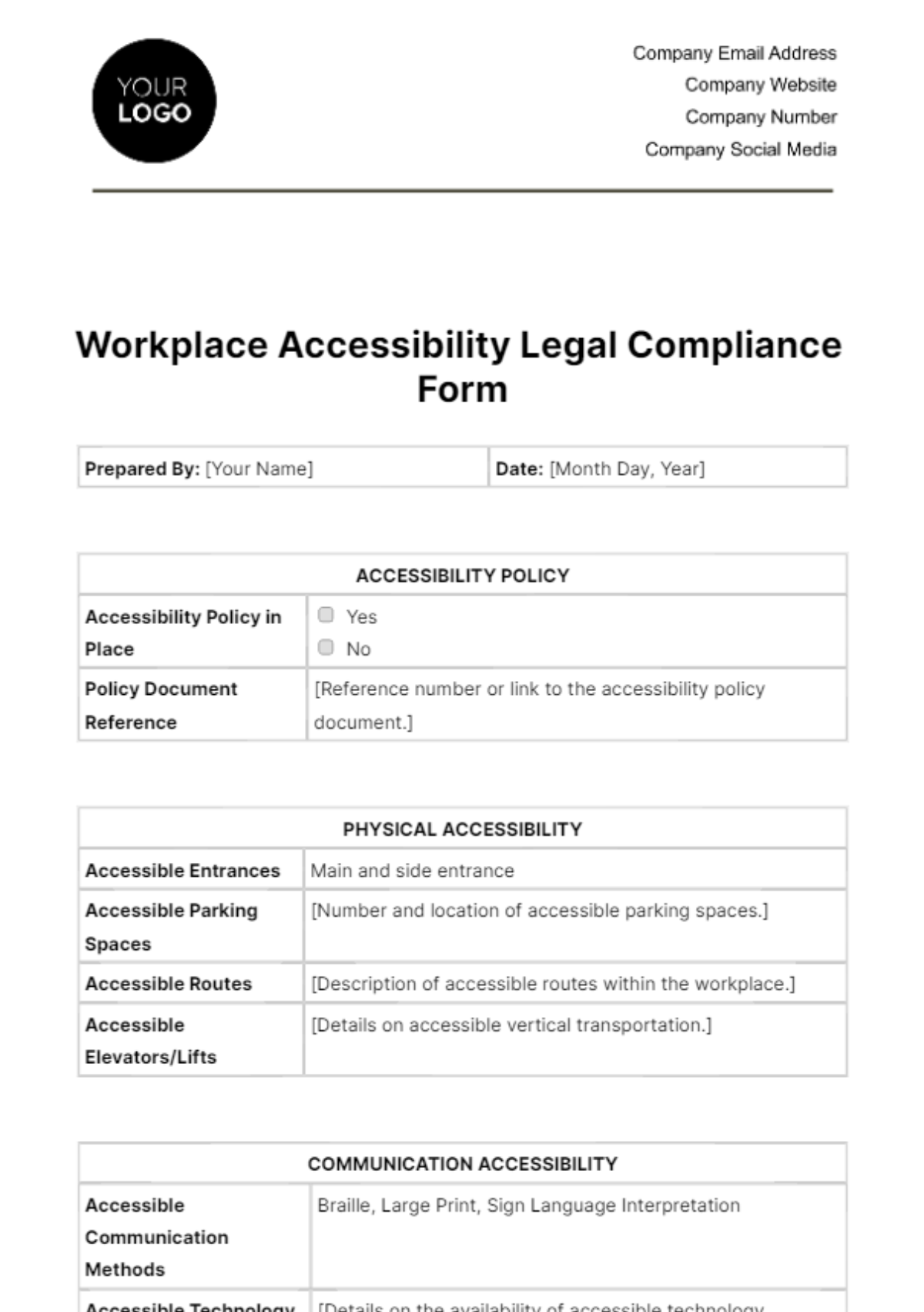 Free Workplace Accessibility Legal Compliance Form Template