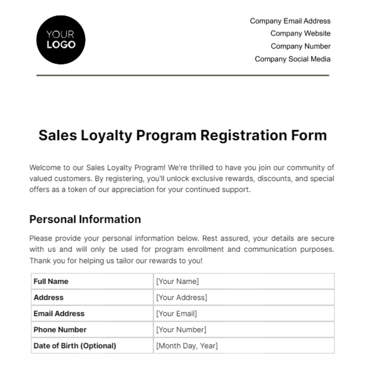 Sales Loyalty Program Registration Form Template
