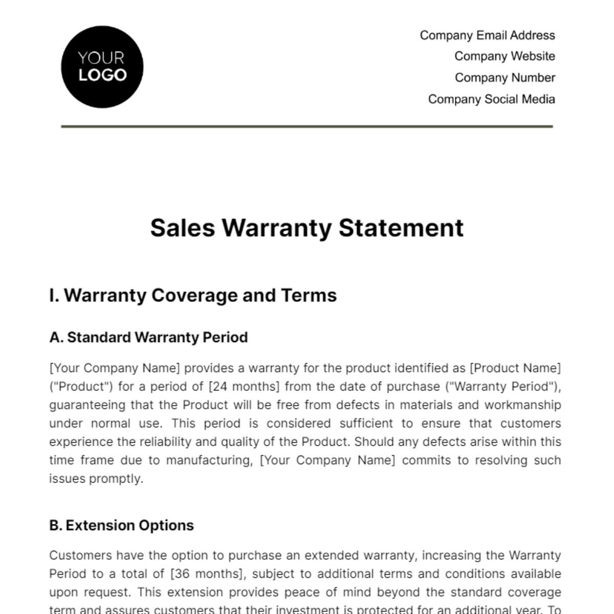 Sales Warranty Statement Template