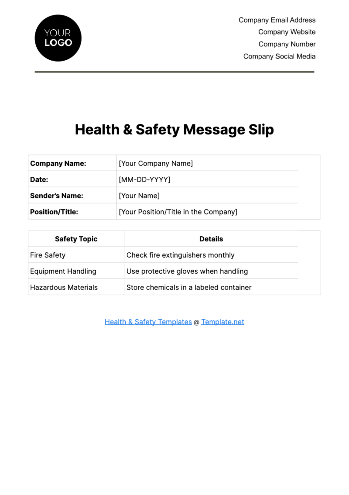 Health & Safety Message Slip Template