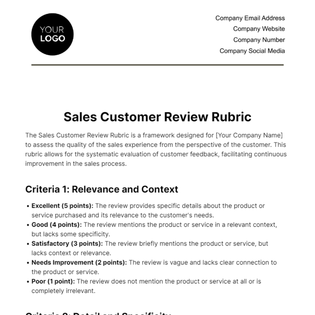 Free Sales Customer Review Rubric Template