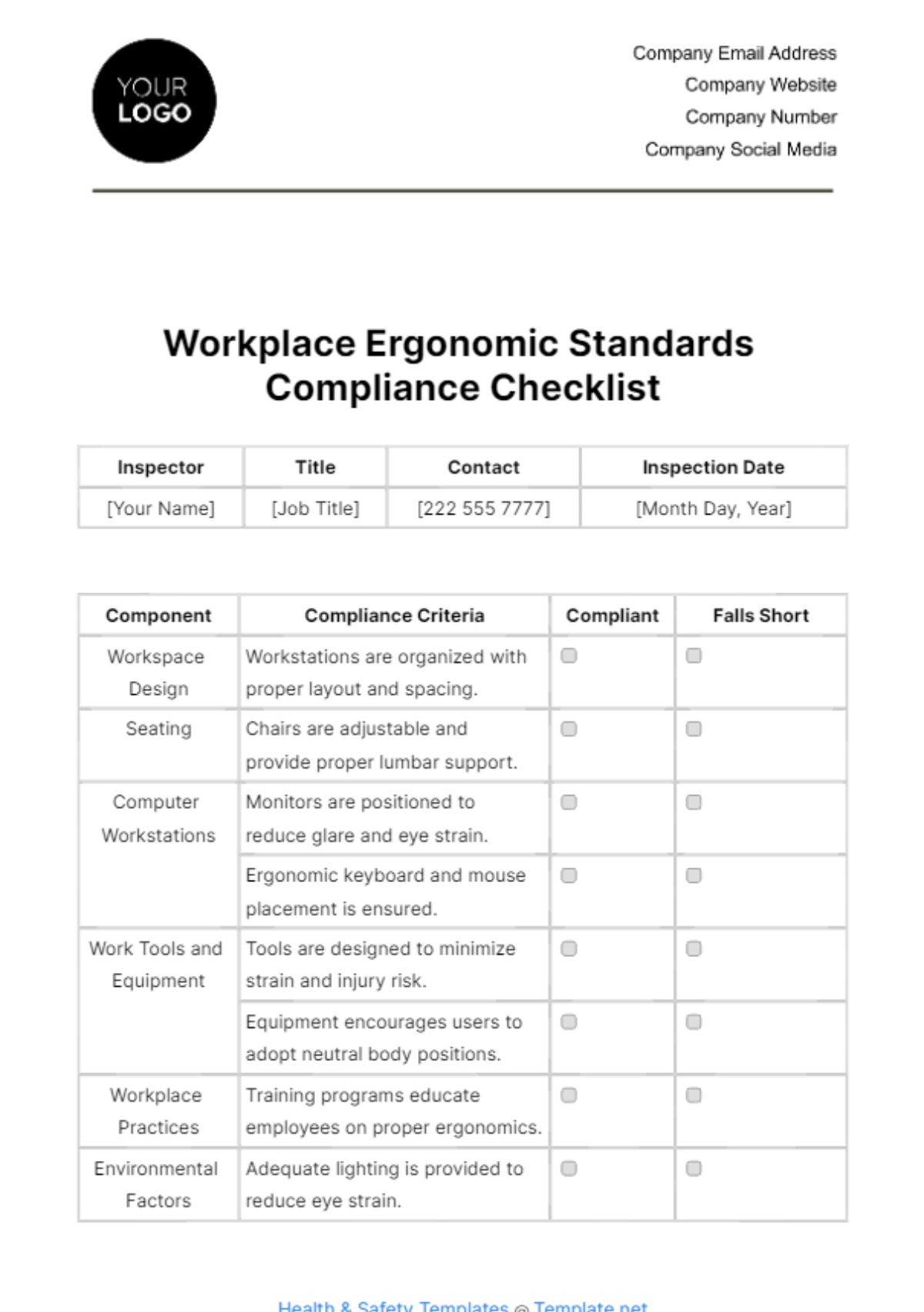 Free Workplace Ergonomic Standards Compliance Checklist Template