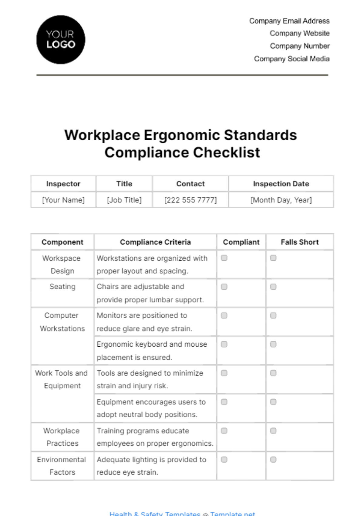 Workplace Ergonomic Standards Compliance Checklist Template - Edit Online & Download