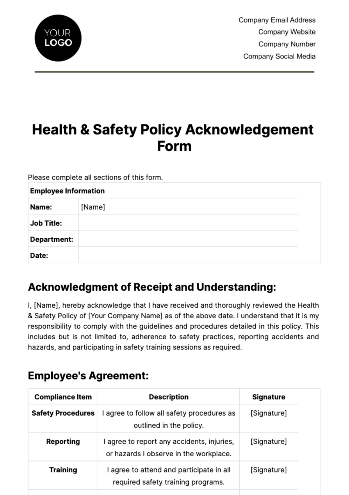 Free Health & Safety Policy Acknowledgement Form Template