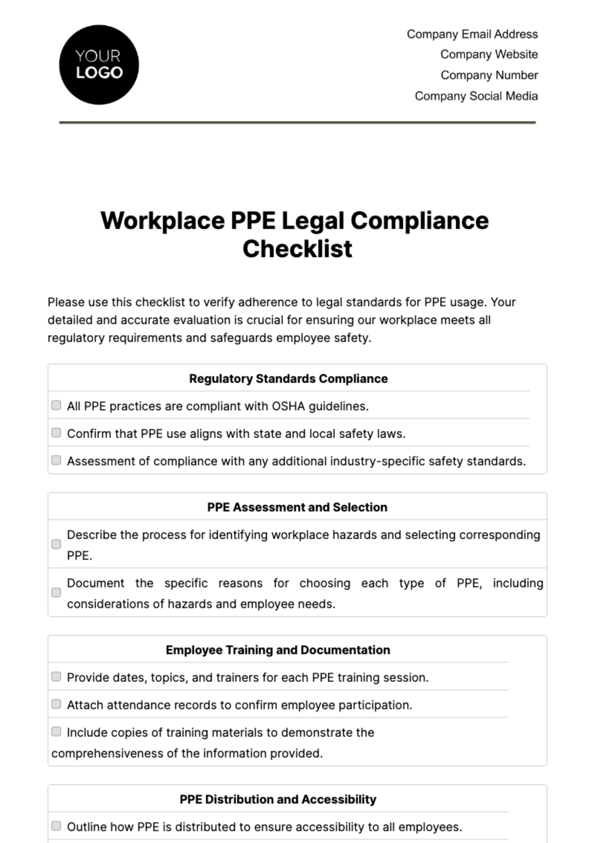 Free Workplace PPE Legal Compliance Checklist Template
