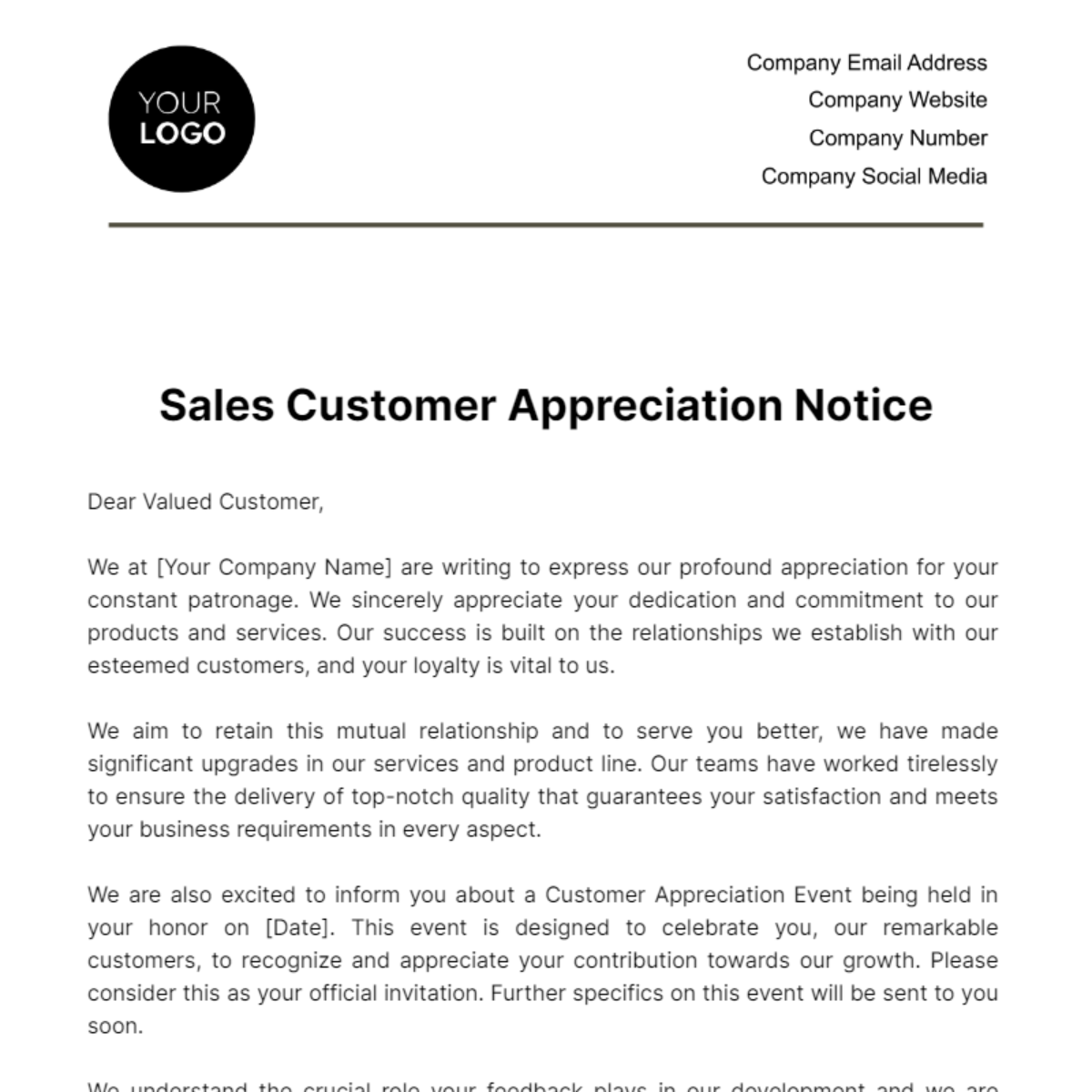 Sales Customer Appreciation Notice Template