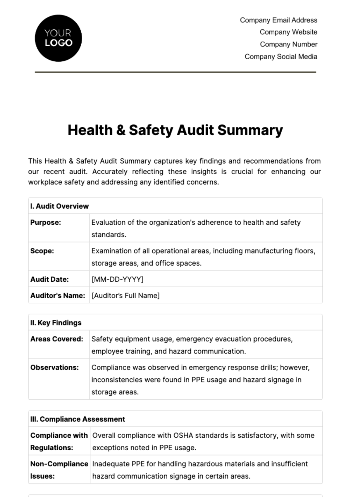 Health & Safety Audit Summary Template - Edit Online & Download