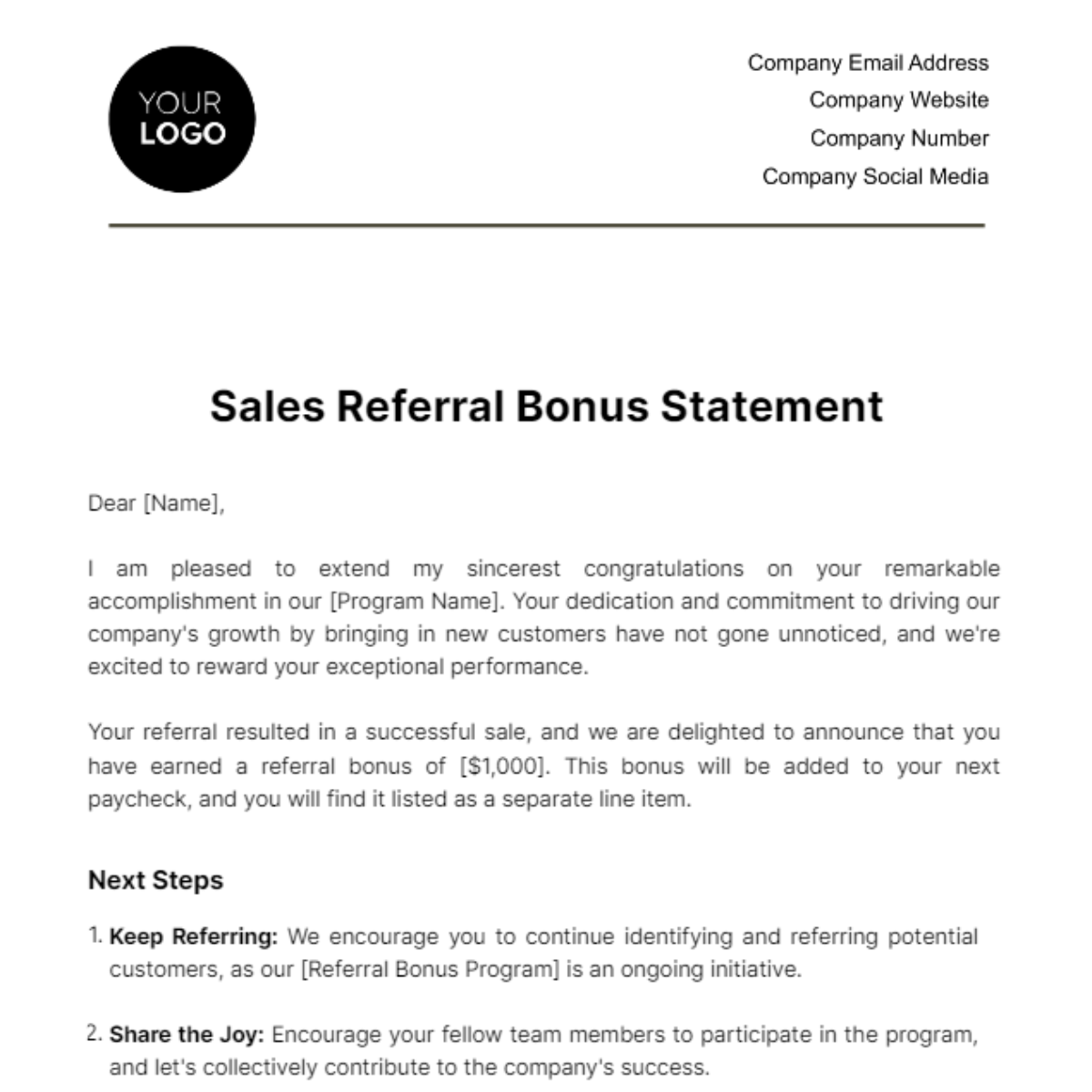 Sales Referral Bonus Statement Template