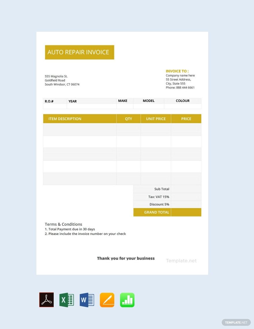 automotive invoices templates format free download template net