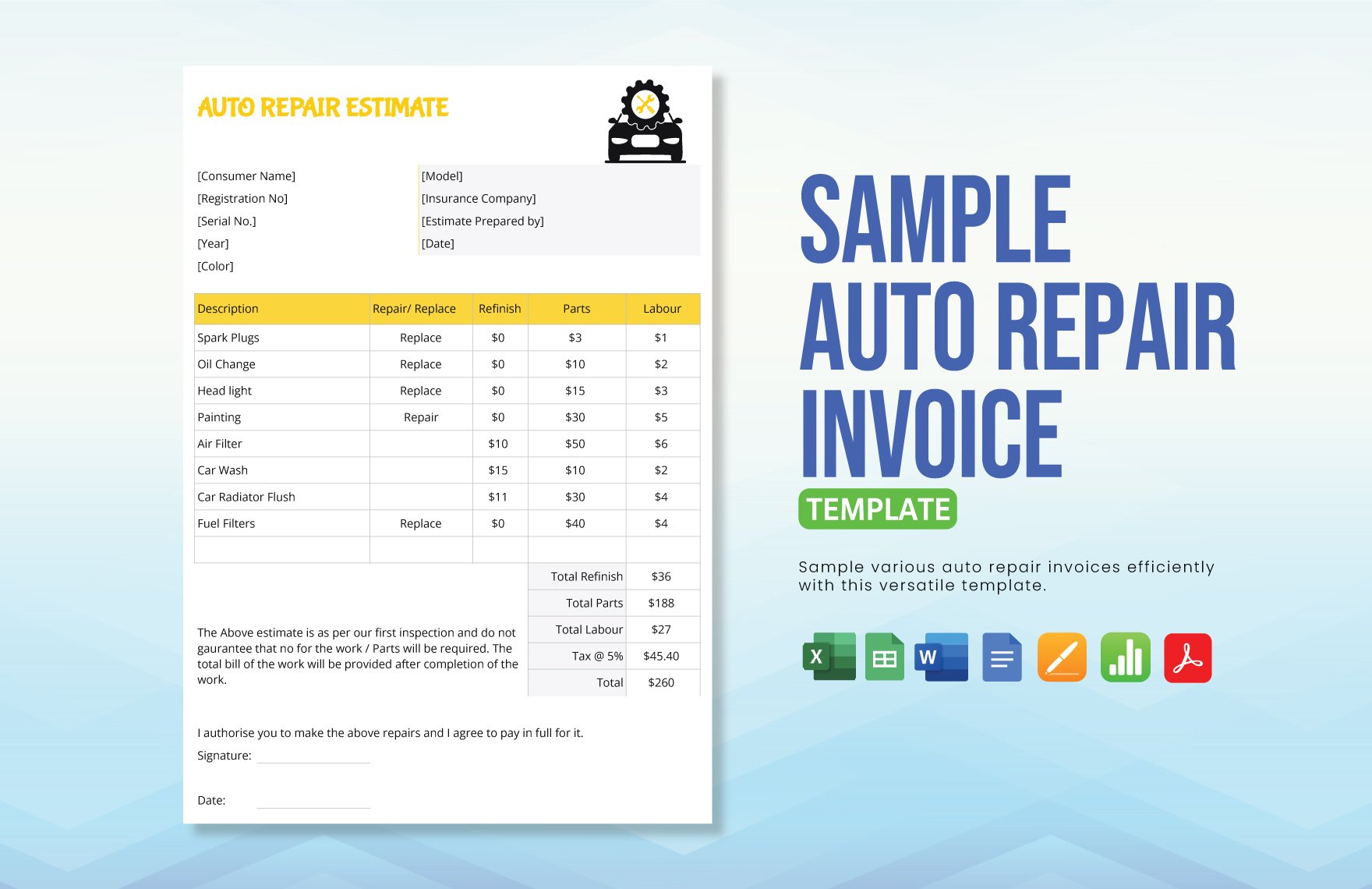 Sample Auto Repair Invoice Template in Word, Google Docs, Excel, PDF, Google Sheets, Apple Pages, Apple Numbers