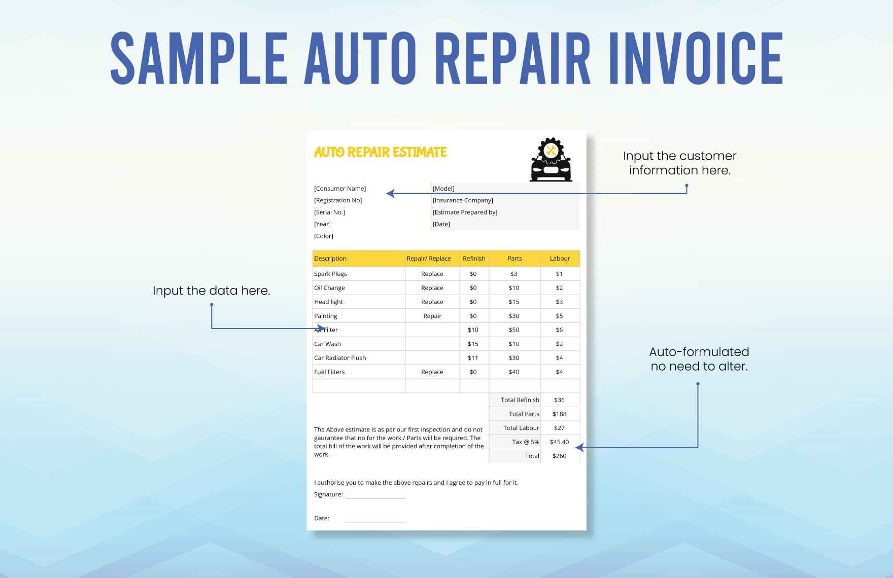 Sample Auto Repair Invoice Template