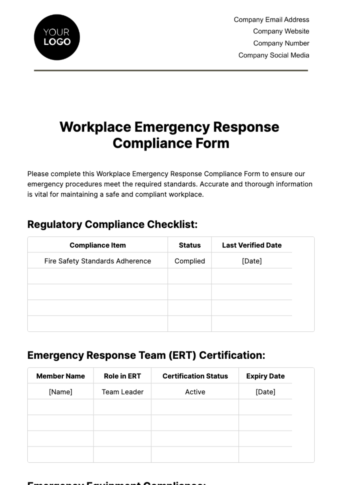 Free Workplace Emergency Response Compliance Form Template
