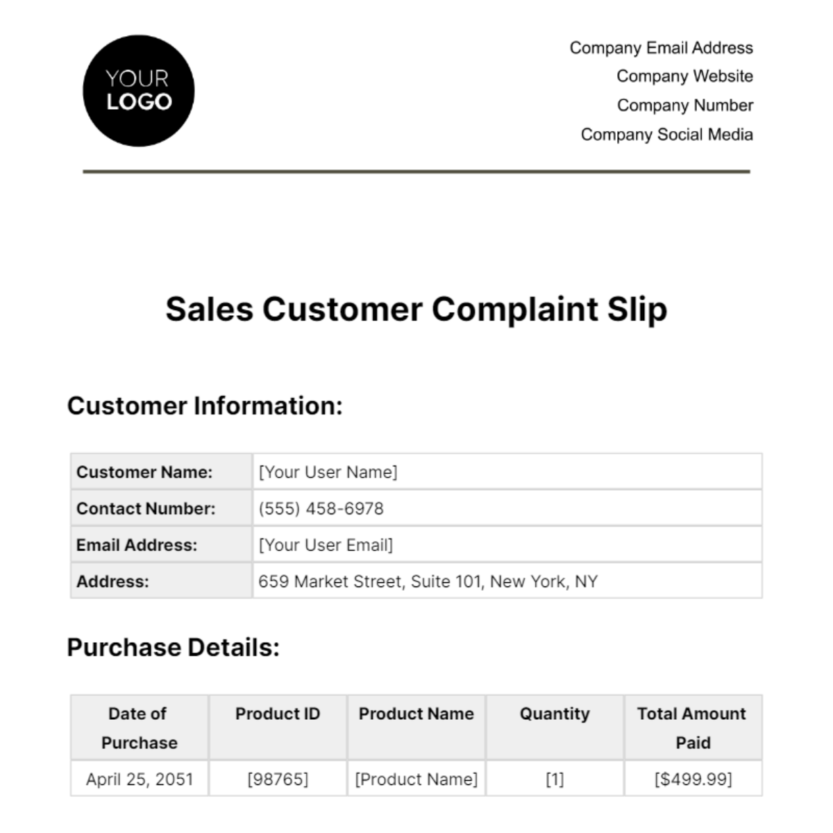Sales Customer Complaint Slip Template