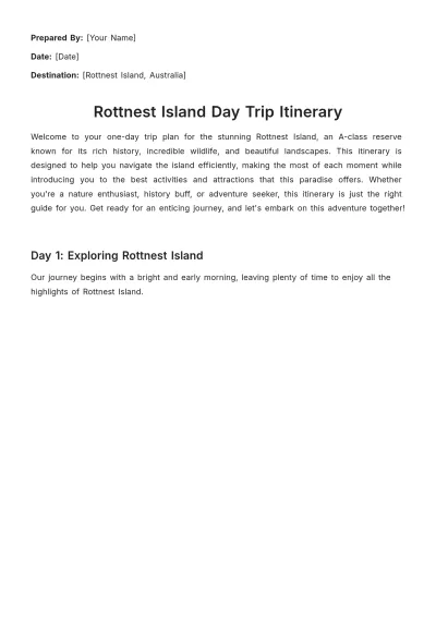 Free Rottnest Island Day Trip Itinerary Template to Edit Online