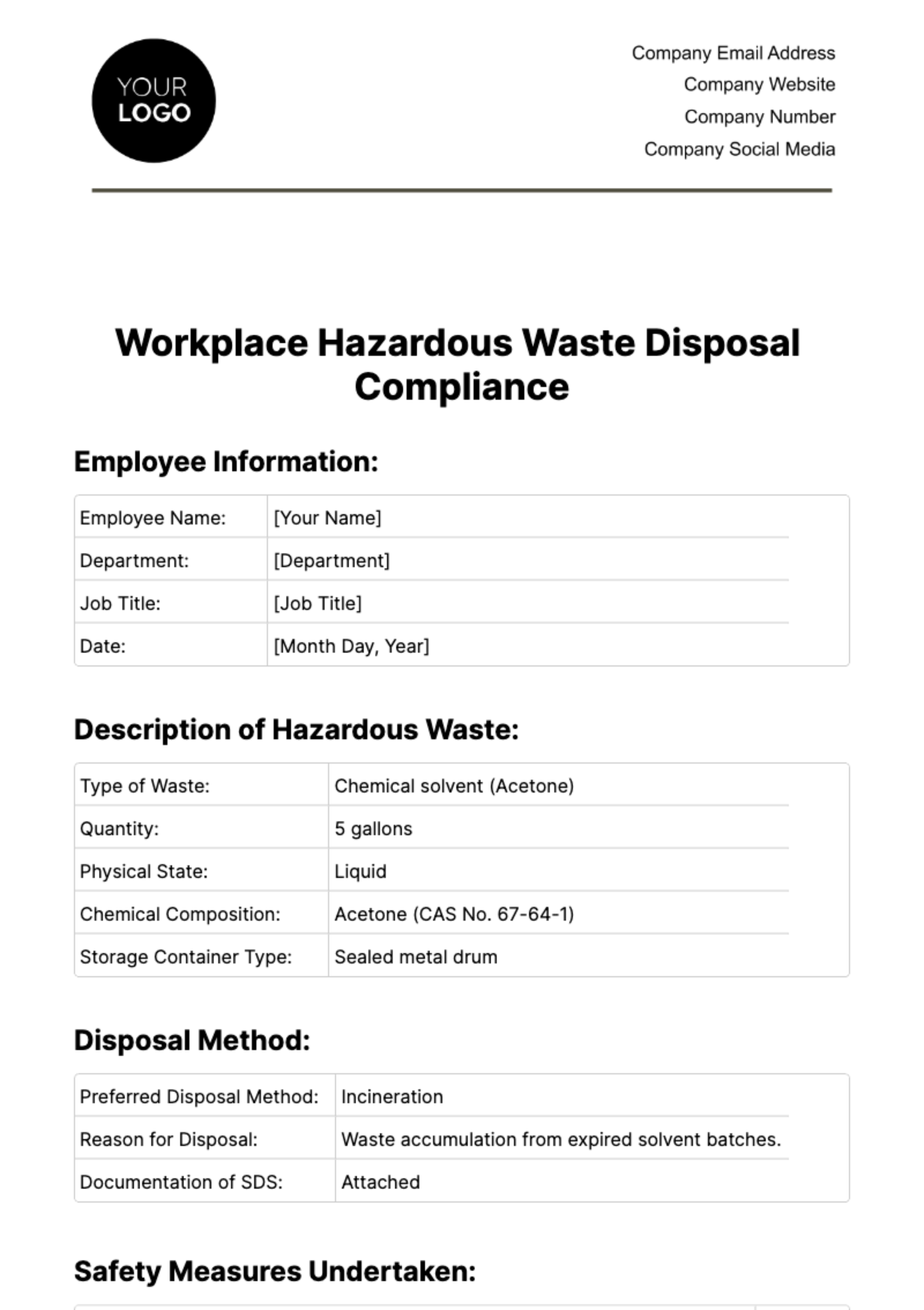 Workplace Hazardous Waste Disposal Compliance Template - Edit Online & Download