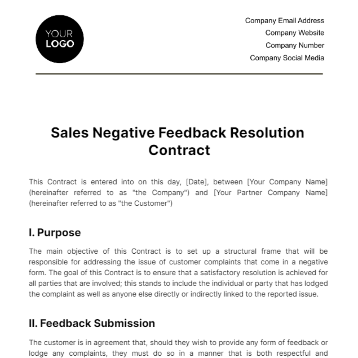 Free Sales Negative Feedback Resolution Contract Template