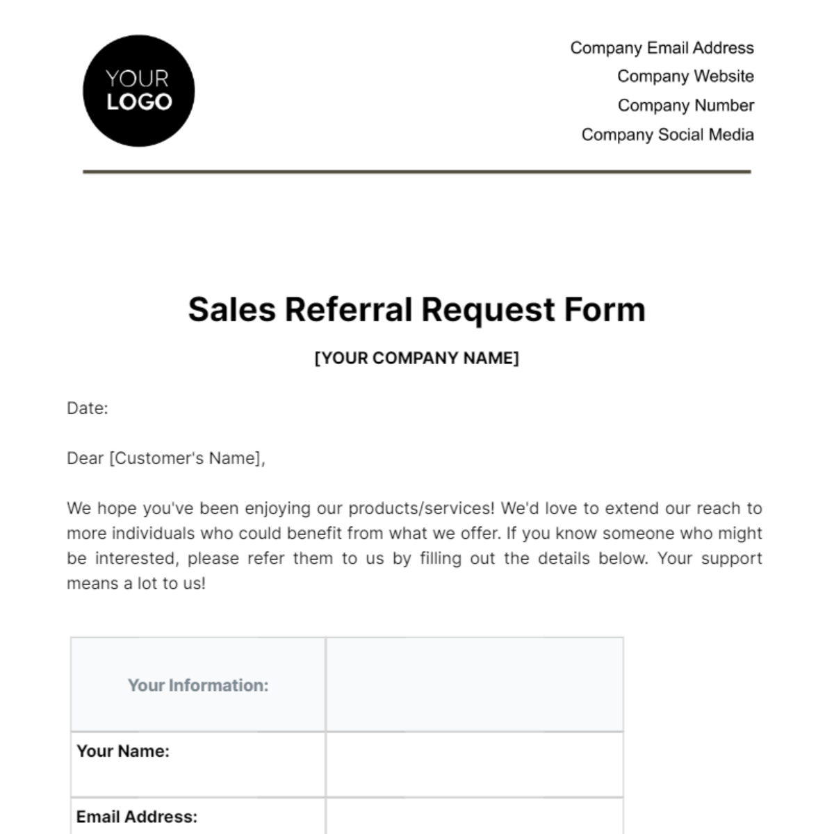 Free Sales Referral Request Form Template