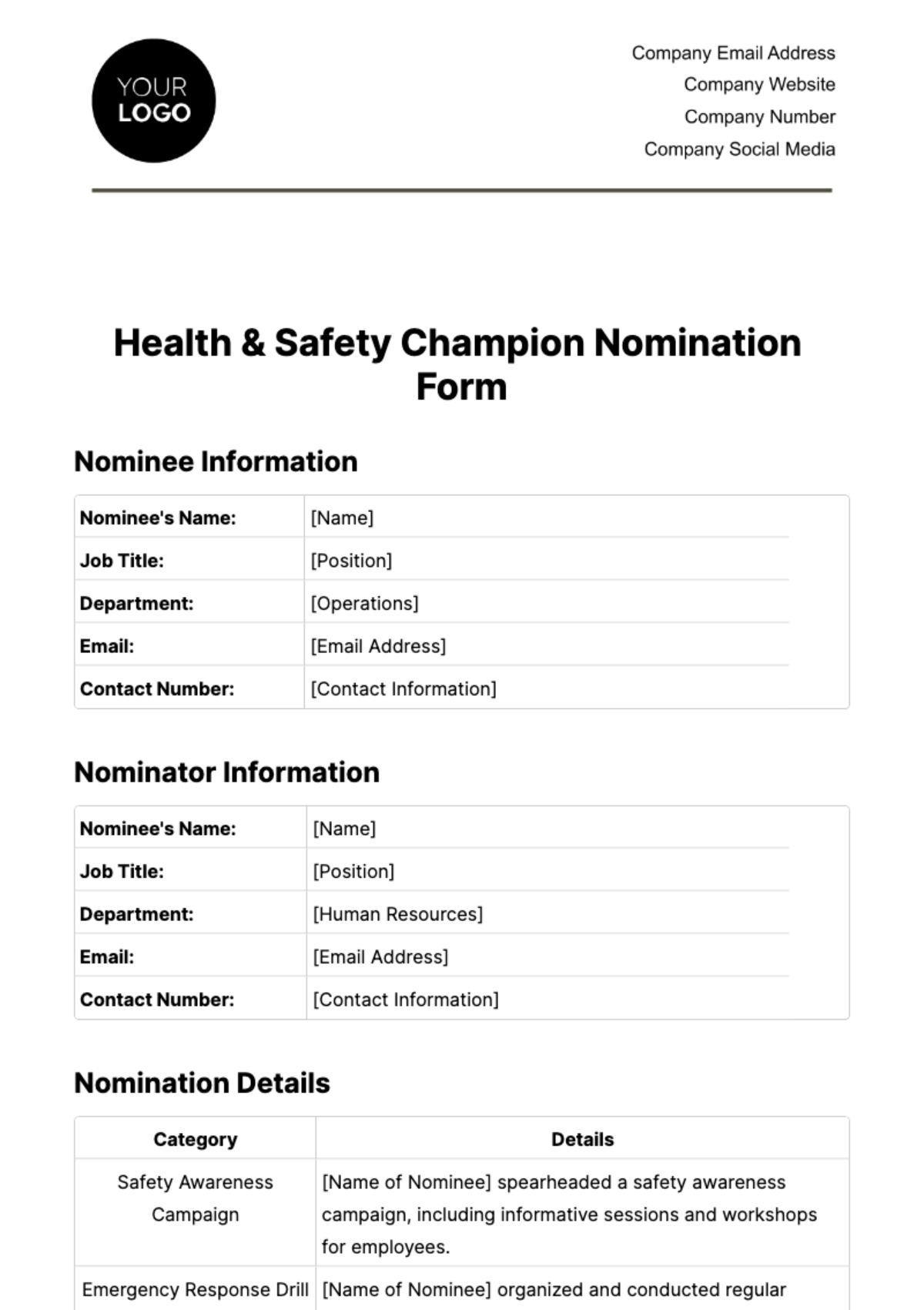 Health & Safety Champion Nomination Form Template