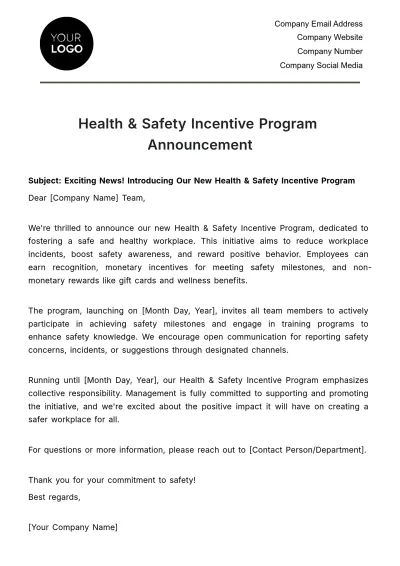 Free Health & Safety Incentive Program Announcement Template to Edit Online
