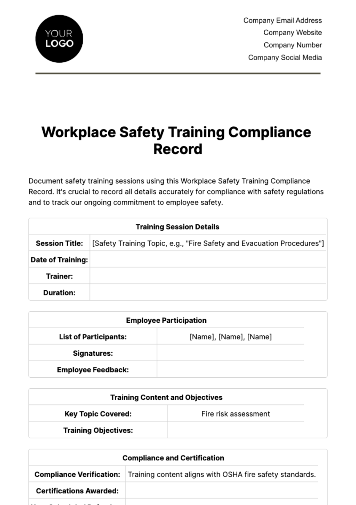 Free Workplace Safety Training Compliance Record Template