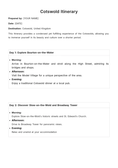 Free Cotswold Itinerary Template to Edit Online