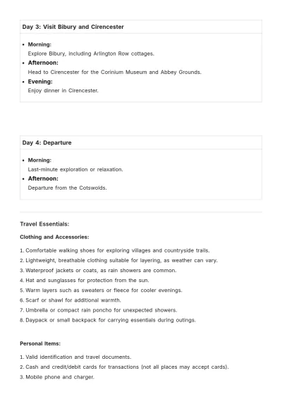 Free Cotswold Itinerary Template to Edit Online