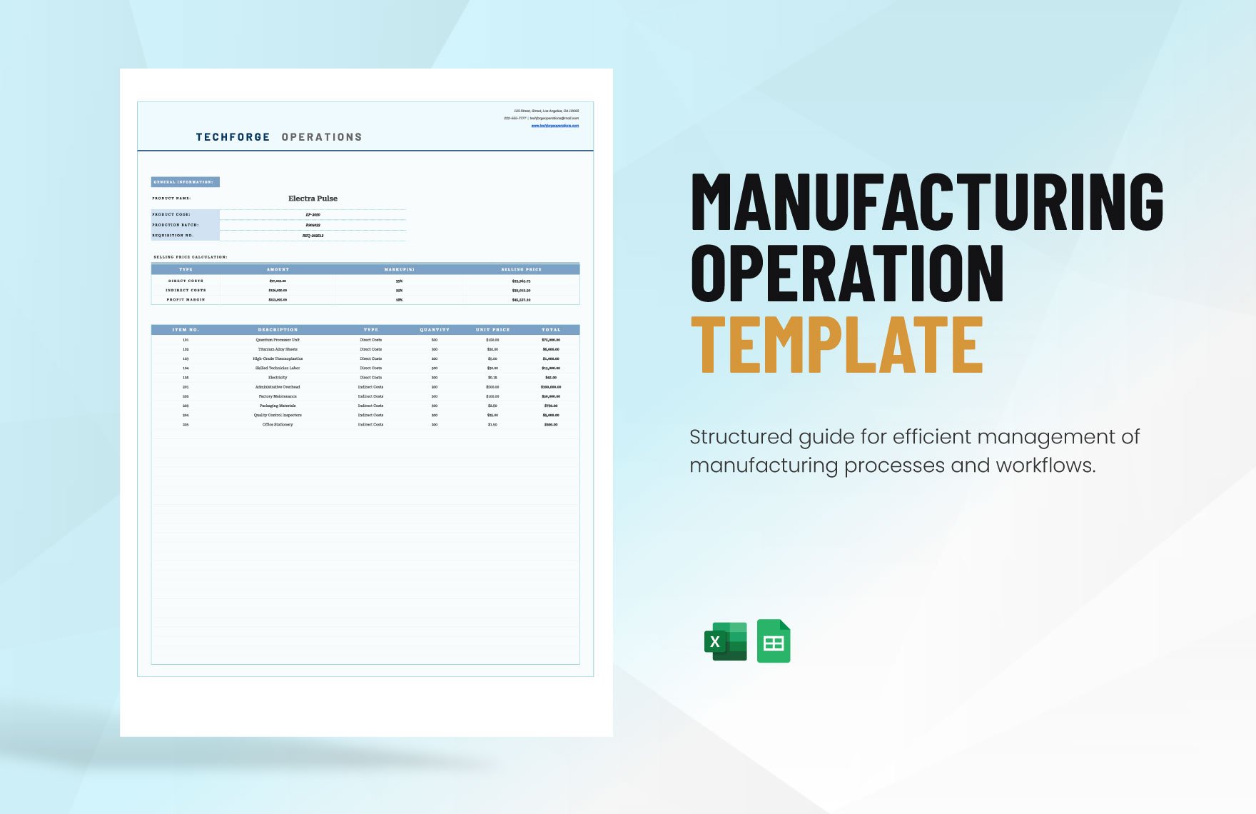 Manufacturing Operation Template in Excel, Google Sheets
