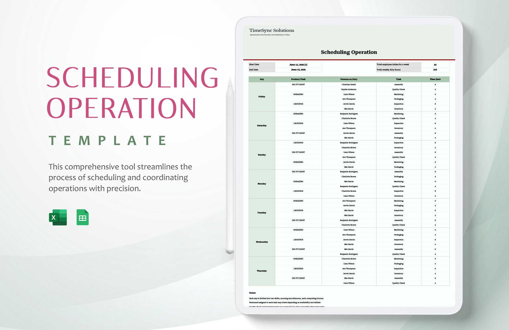 Scheduling Operation Template in Excel, Google Sheets