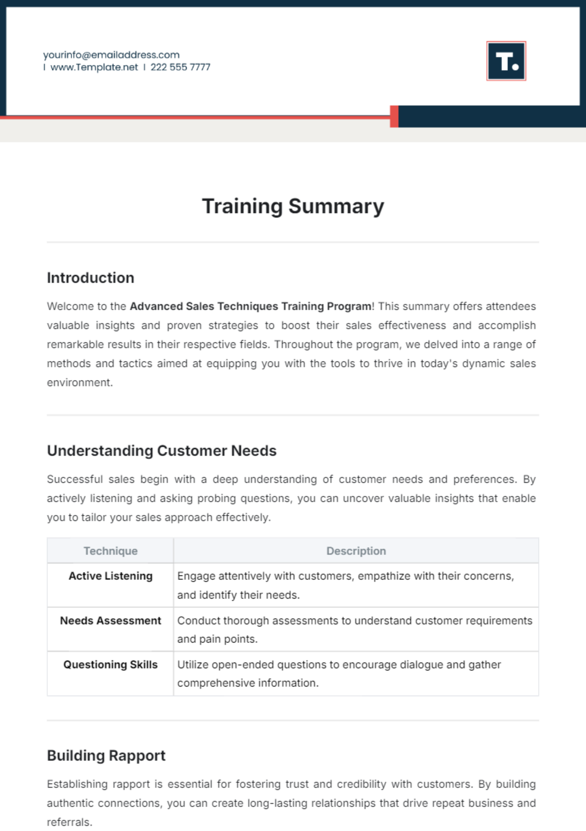 Training Summary Template - Edit Online & Download